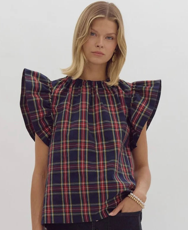 Darling Holiday Tartan Plaid Flutter Sleeve Blouse