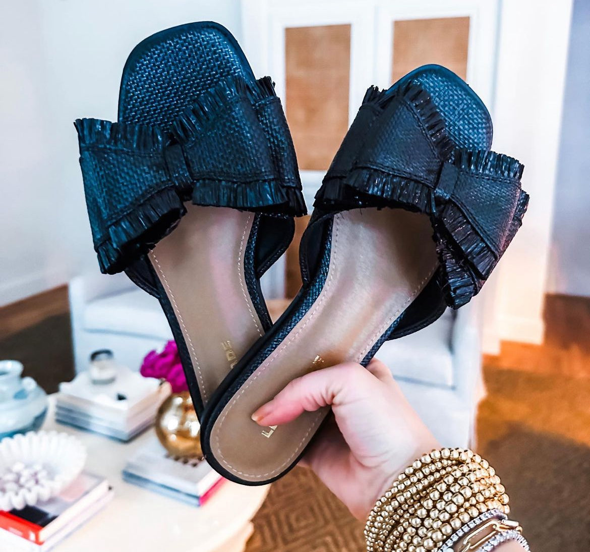 MORE COLORS Raffia Bow Slide Sandals