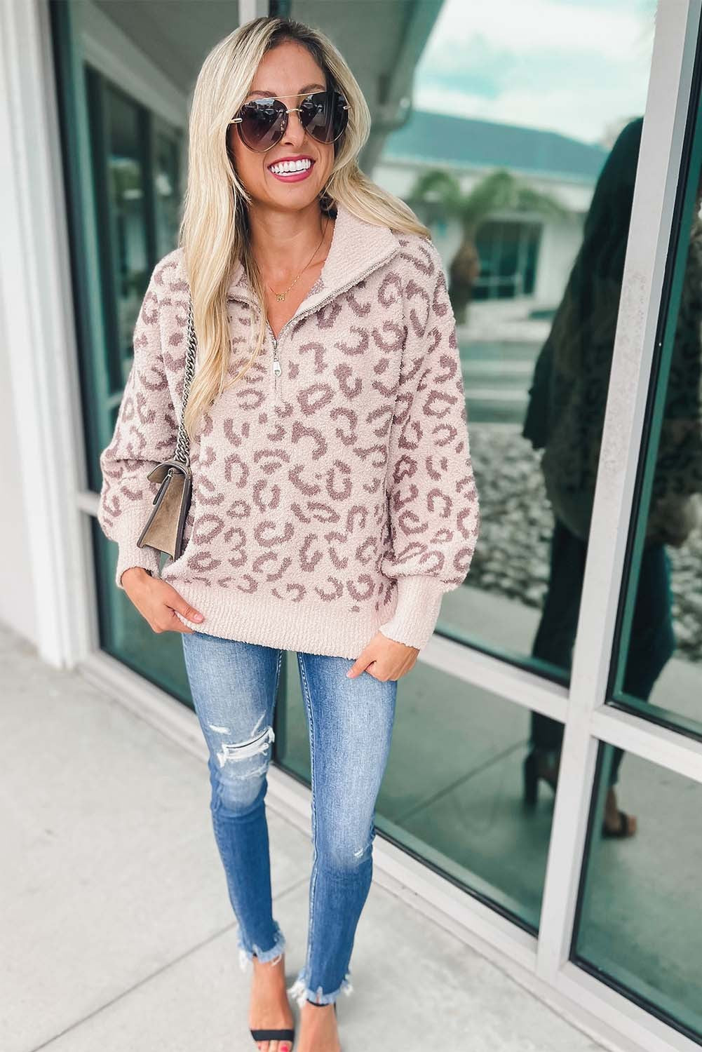 Plush Leopard Print Half Zip Pullover