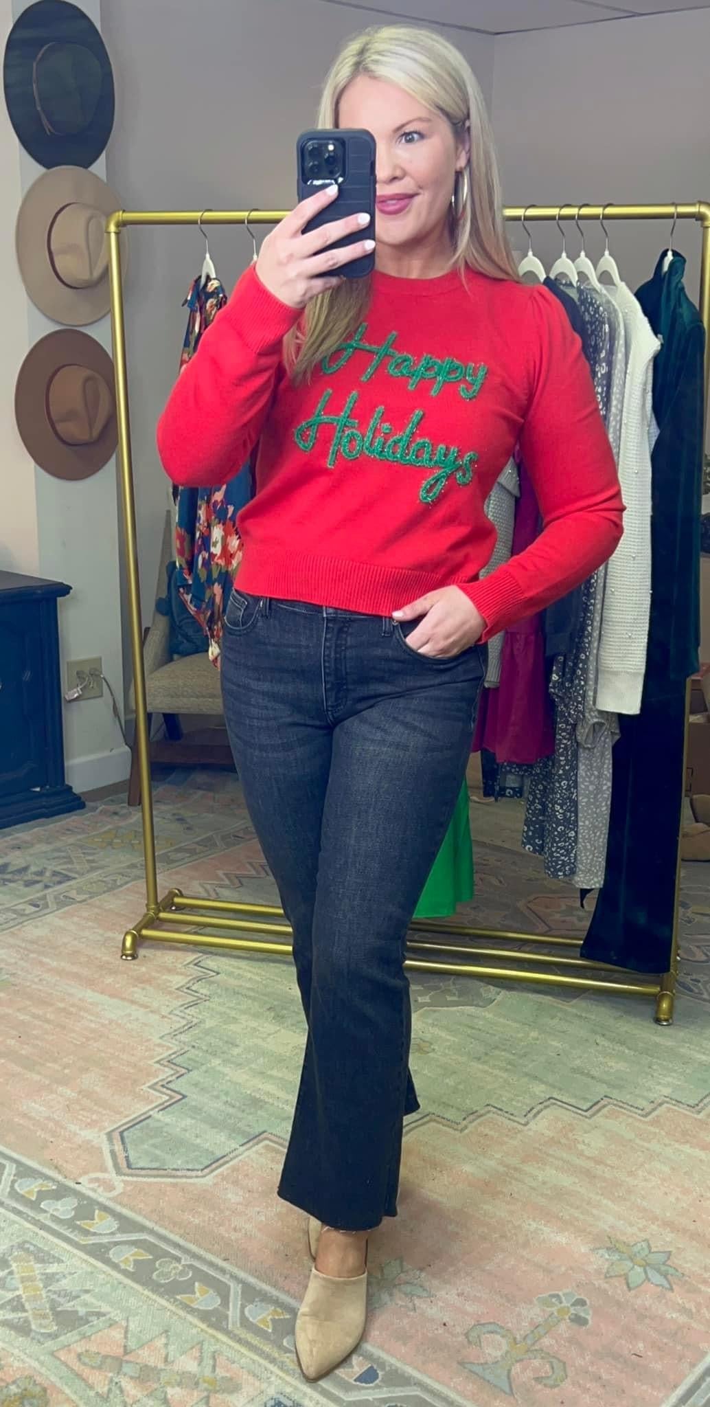 Red Puff Script Happy Holidays Sweater