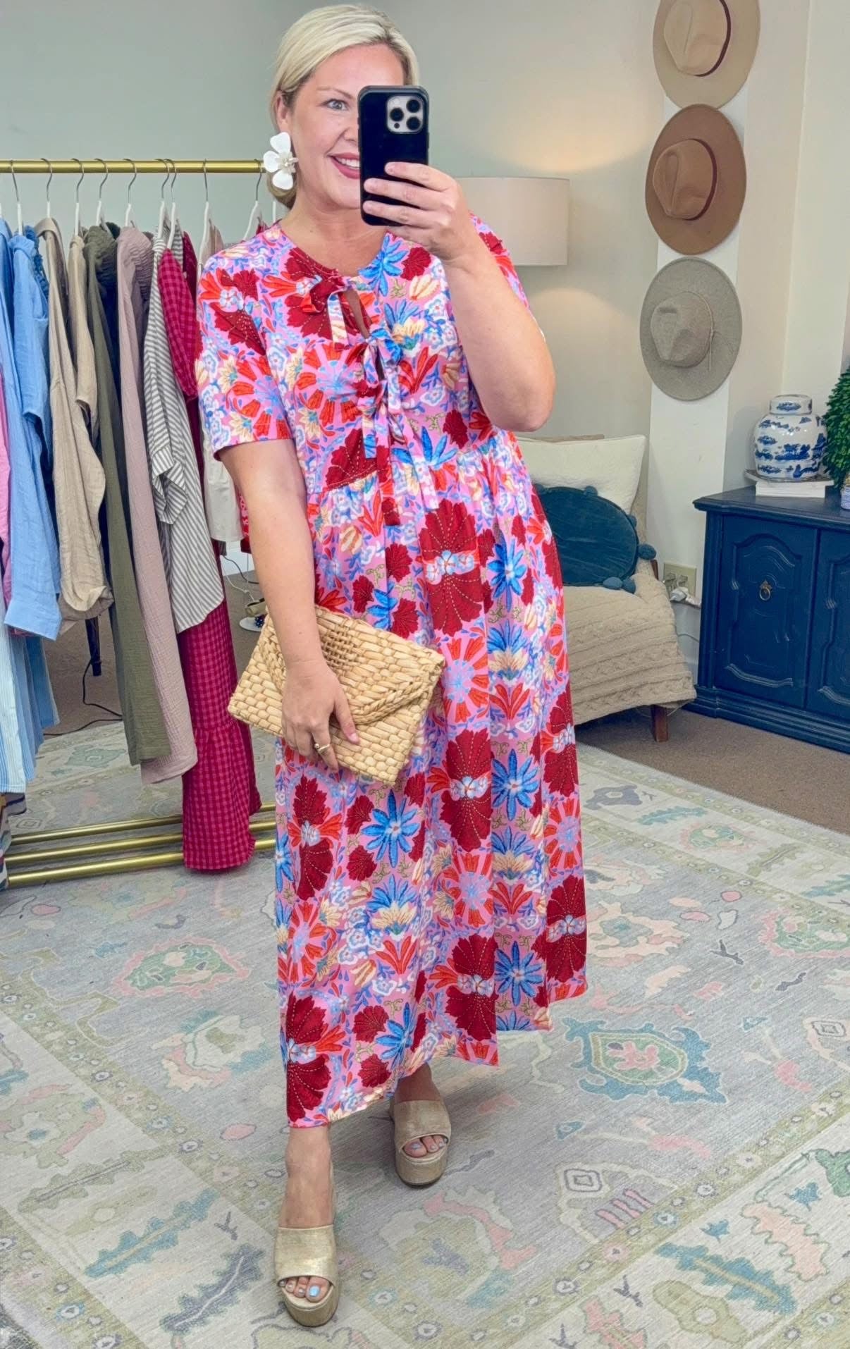 Sunny Disposition Printed Tie Front Midi Dress