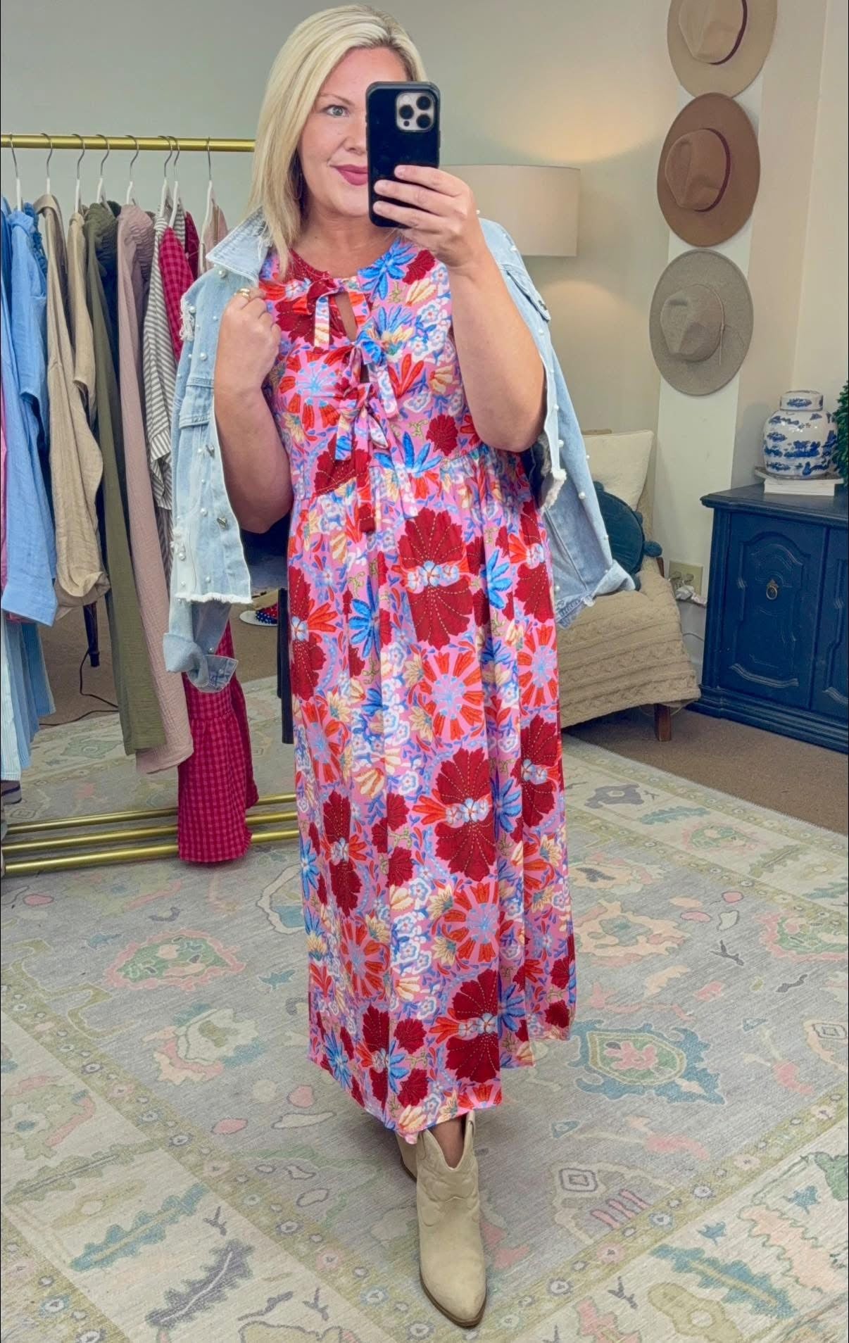 Sunny Disposition Printed Tie Front Midi Dress