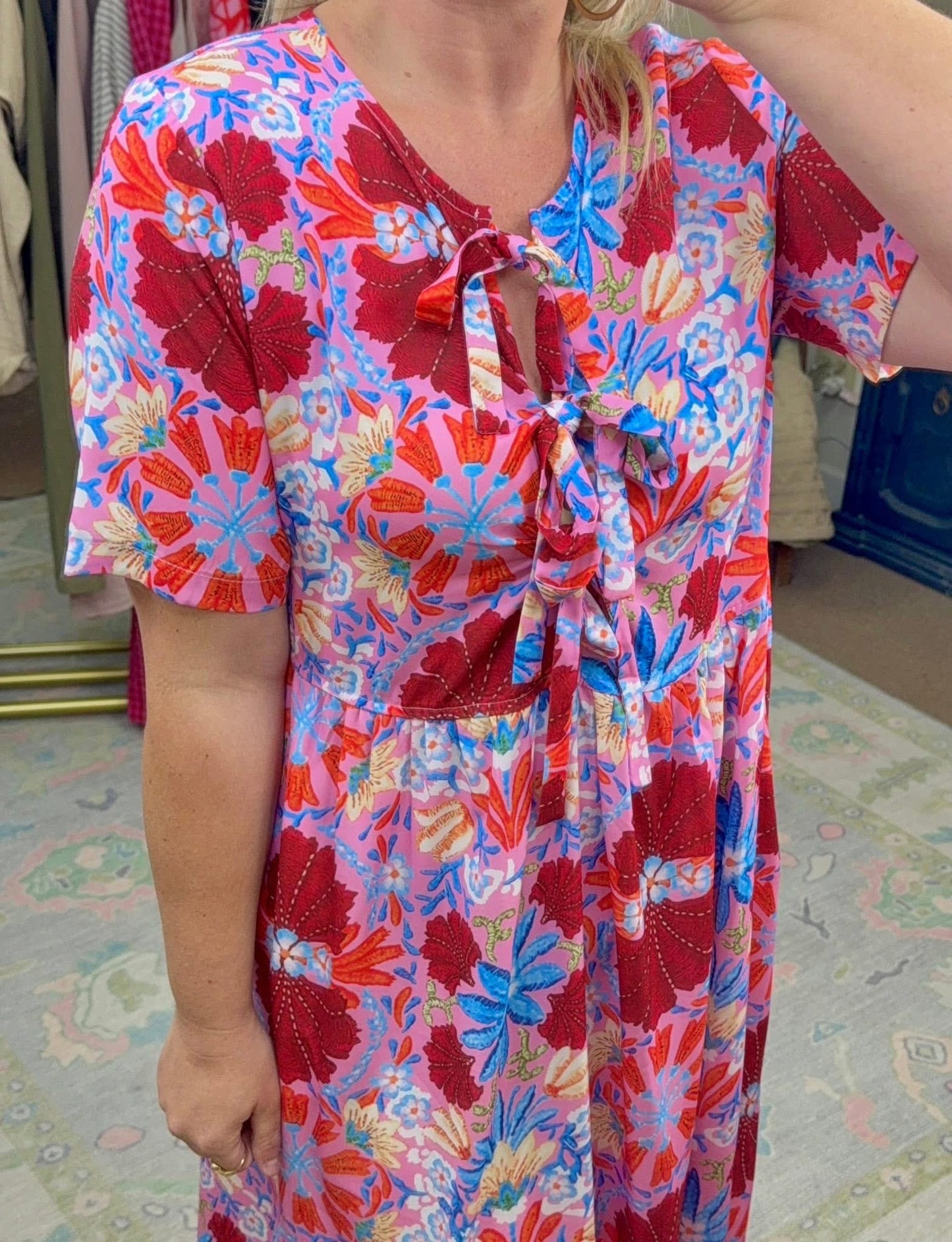 Sunny Disposition Printed Tie Front Midi Dress