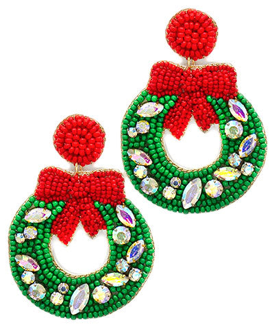 Red Bow Beaded Wreath Earrings