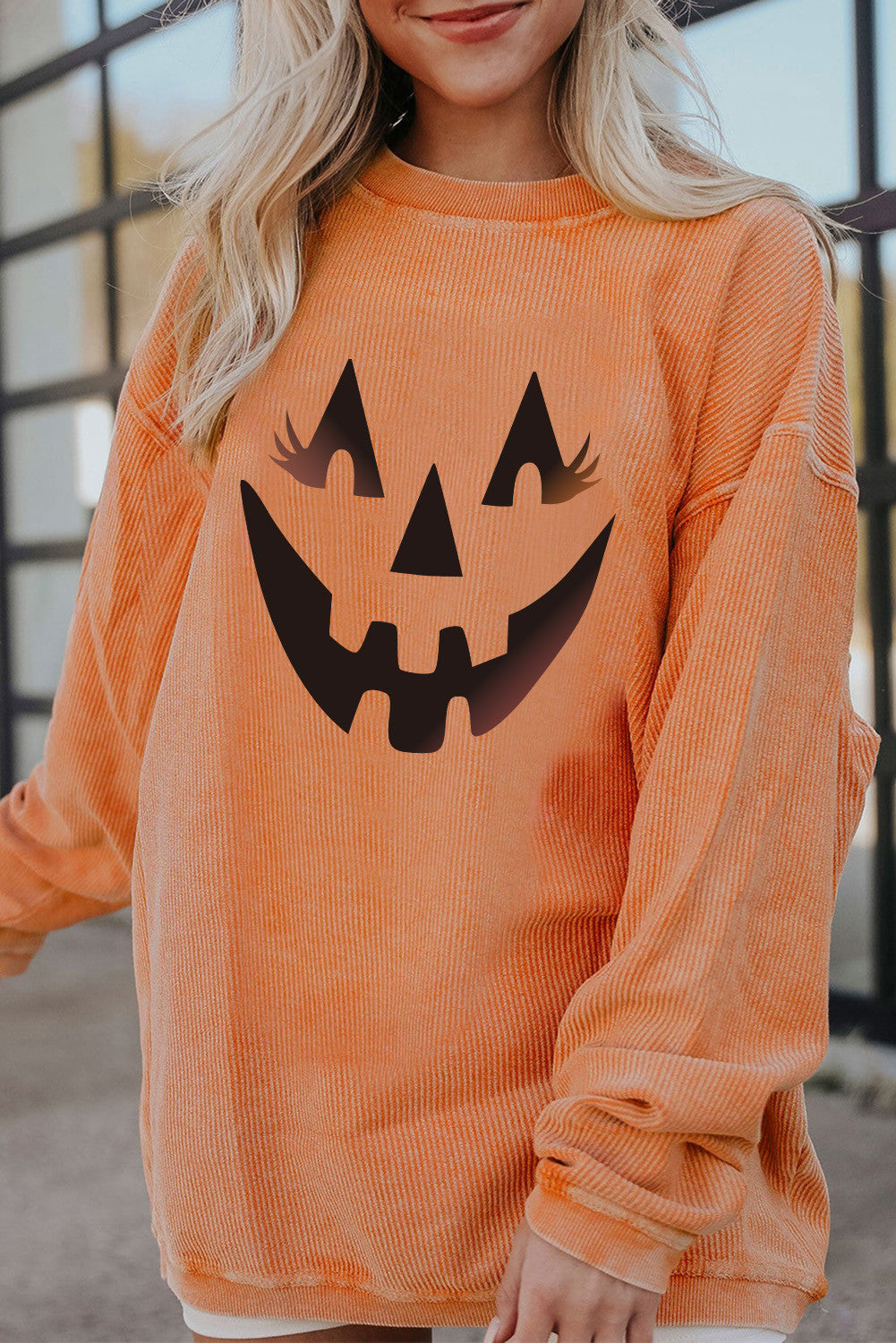 Orange Ribbed Jack-O-Lantern Pullover