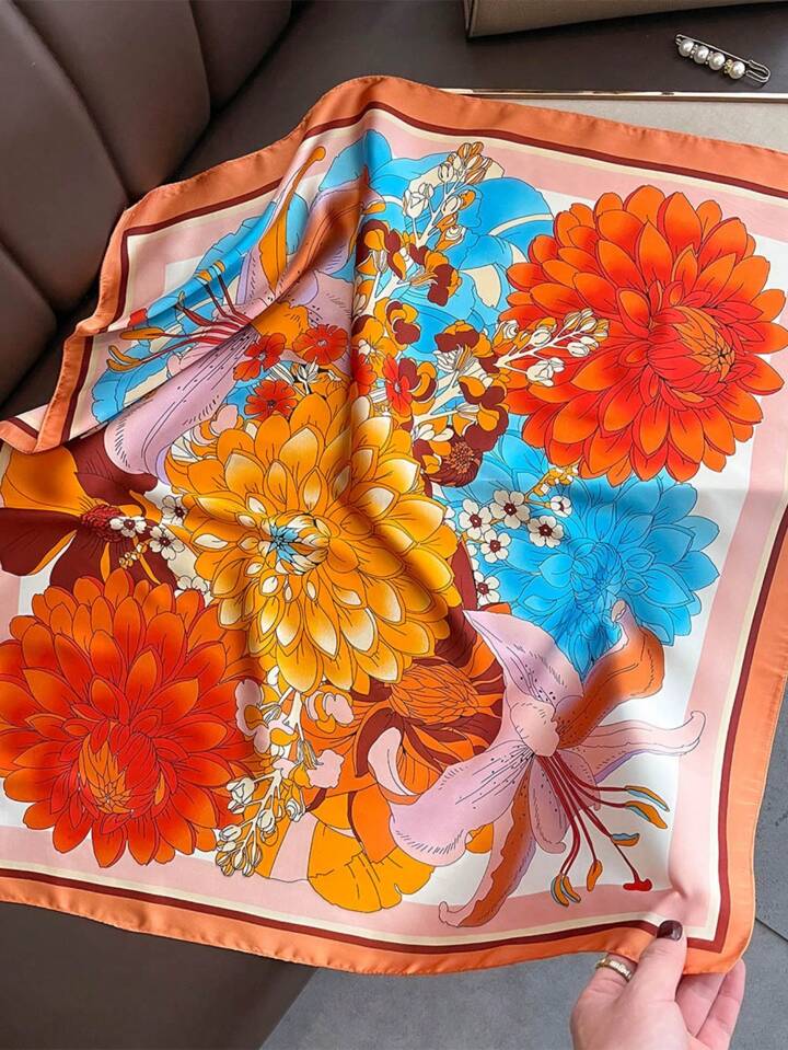 Vintage Blooms Silk Neck Scarf in Orange