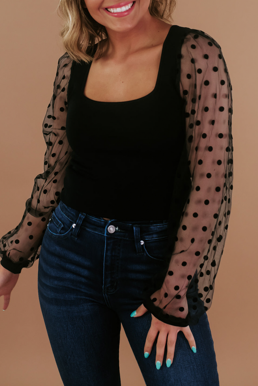 Still Dot It Mesh Sleeve Top