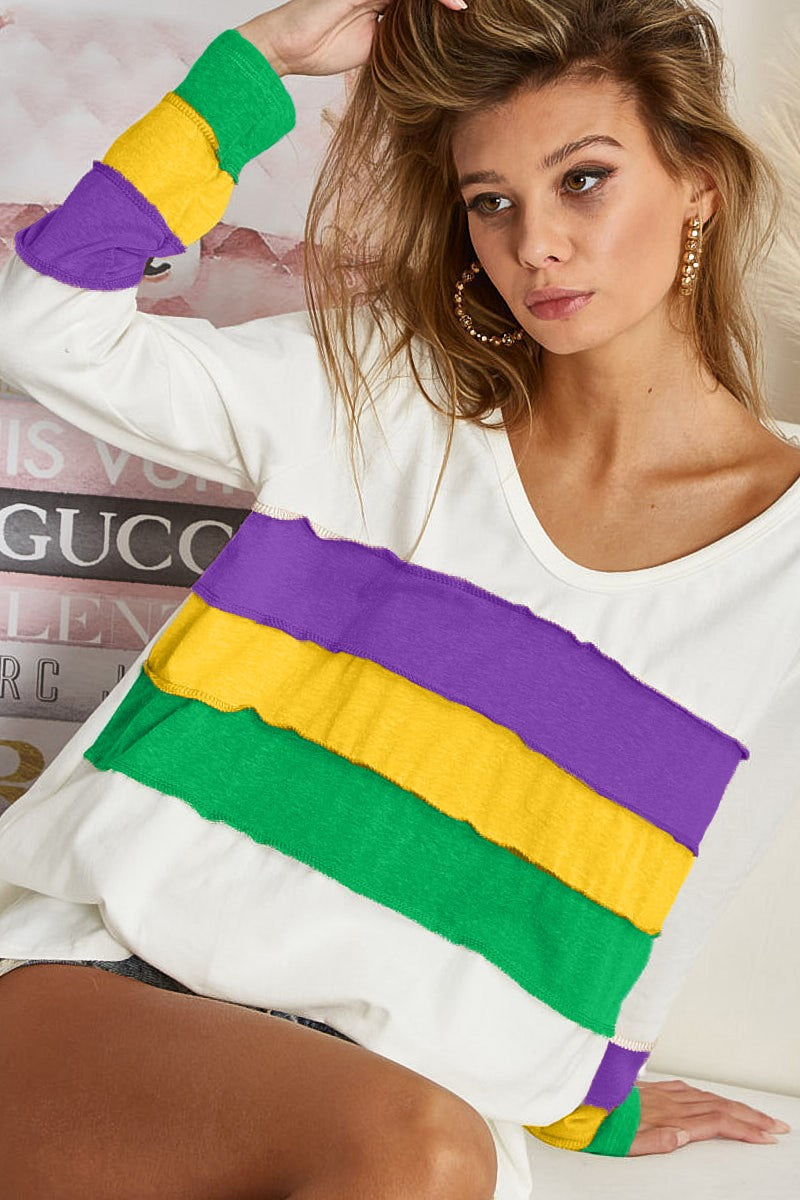 White Mardi Gras Colorblock Stripe Top