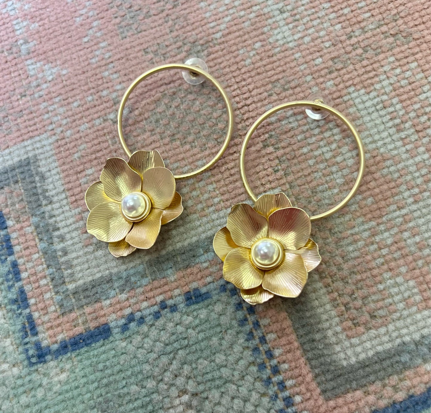 SALE Matte Gold Pearl Flower Hoop Earrings