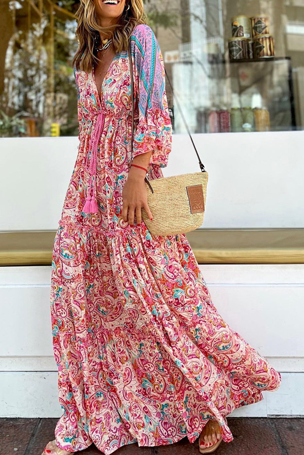 Red Boho Paisley Print Maxi Dress