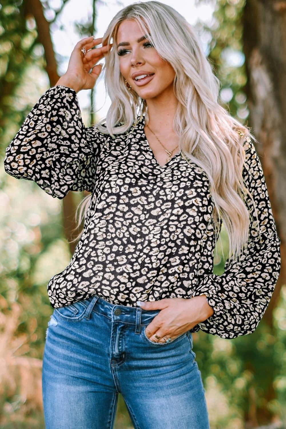 Black Leopard Print Balloon Sleeve Blouse