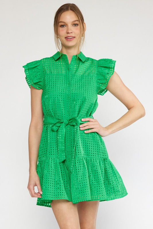 ENTRO: Organza Grid Ruffle Mini Dress