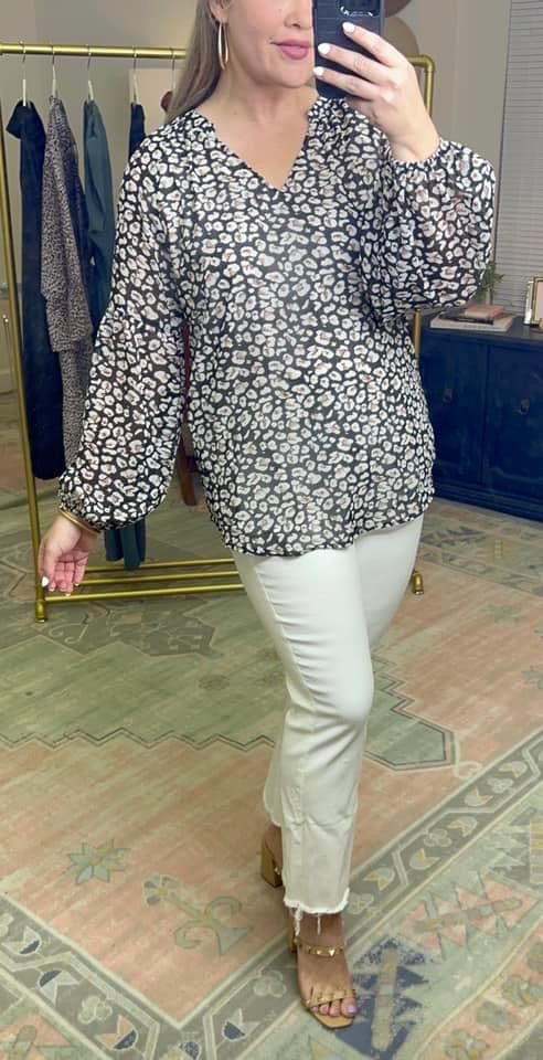 Black Leopard Print Balloon Sleeve Blouse