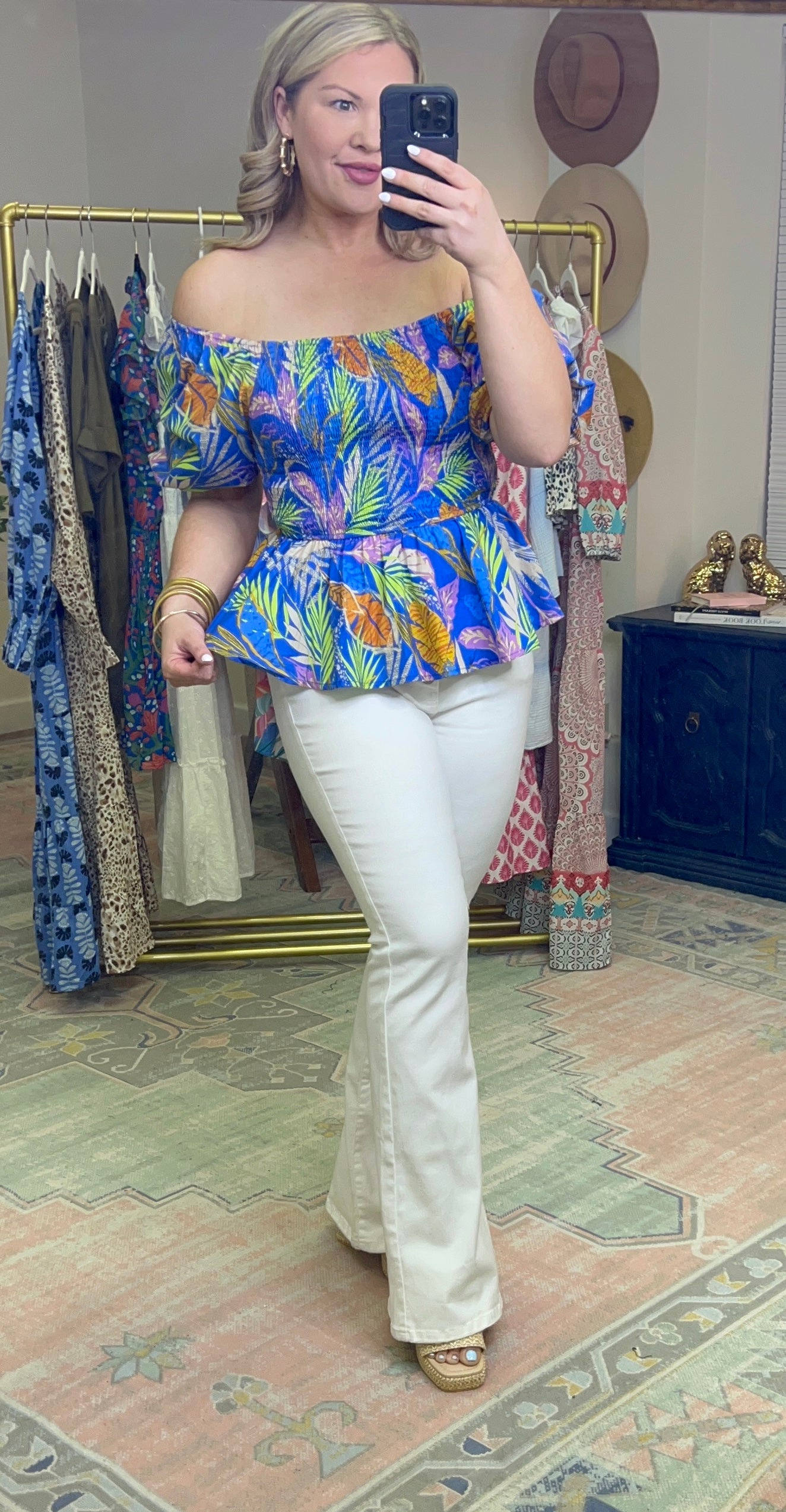 Blue Palm Print Puff Sleeve Peplum Top