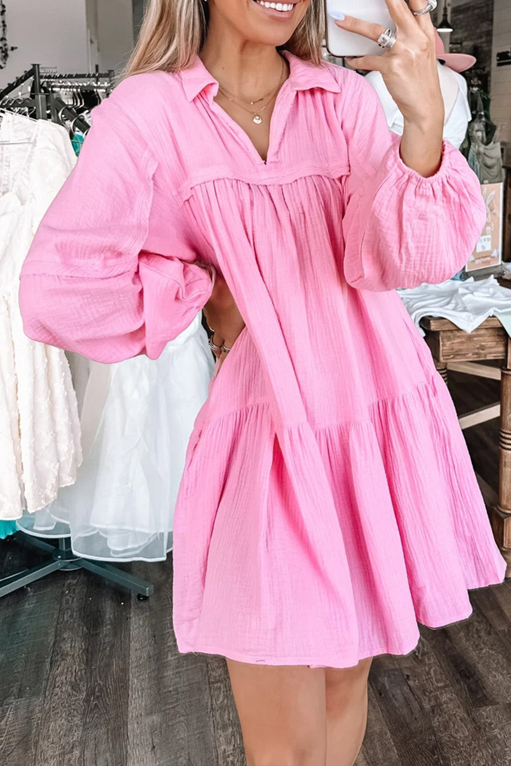 Pink Gauzy Balloon Sleeve Dress