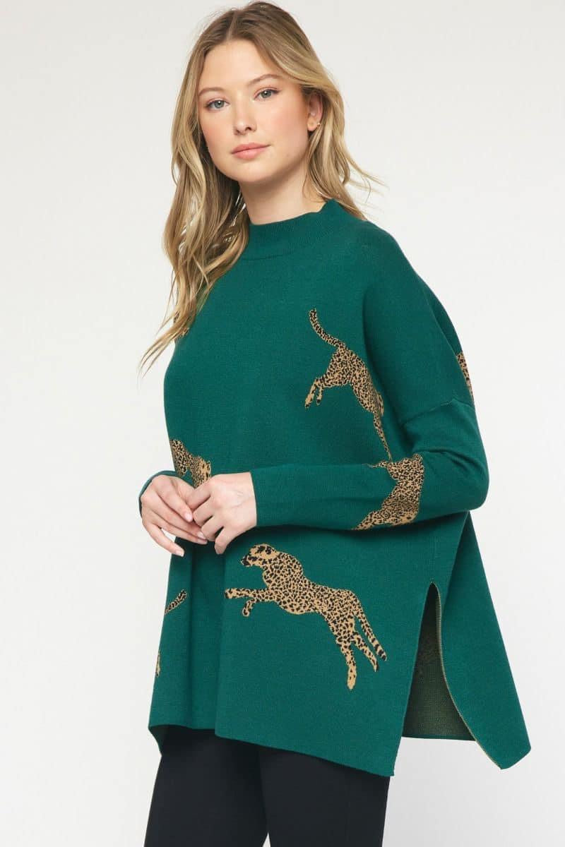 ENTRO: Cheetah Print Mock Neck Sweater