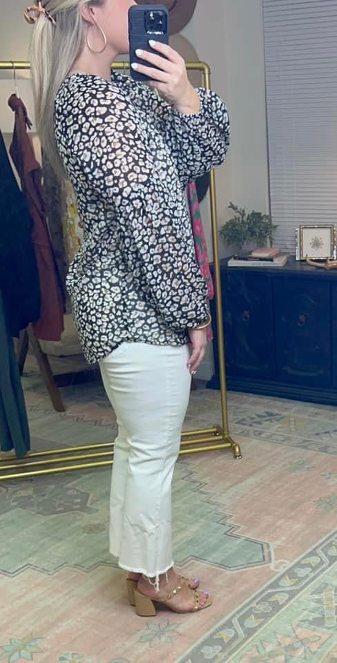 Black Leopard Print Balloon Sleeve Blouse