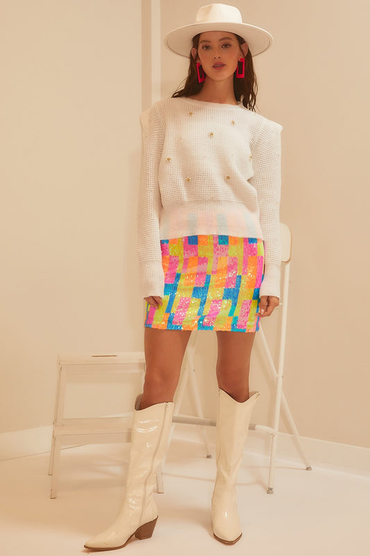 PEACH LOVE: White Pearl Embellished Sweater