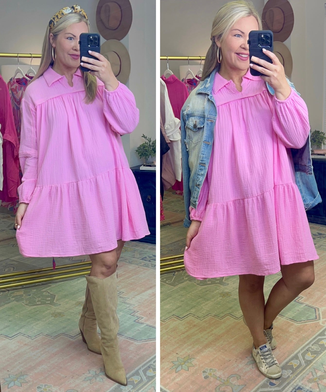 Pink Gauzy Balloon Sleeve Dress