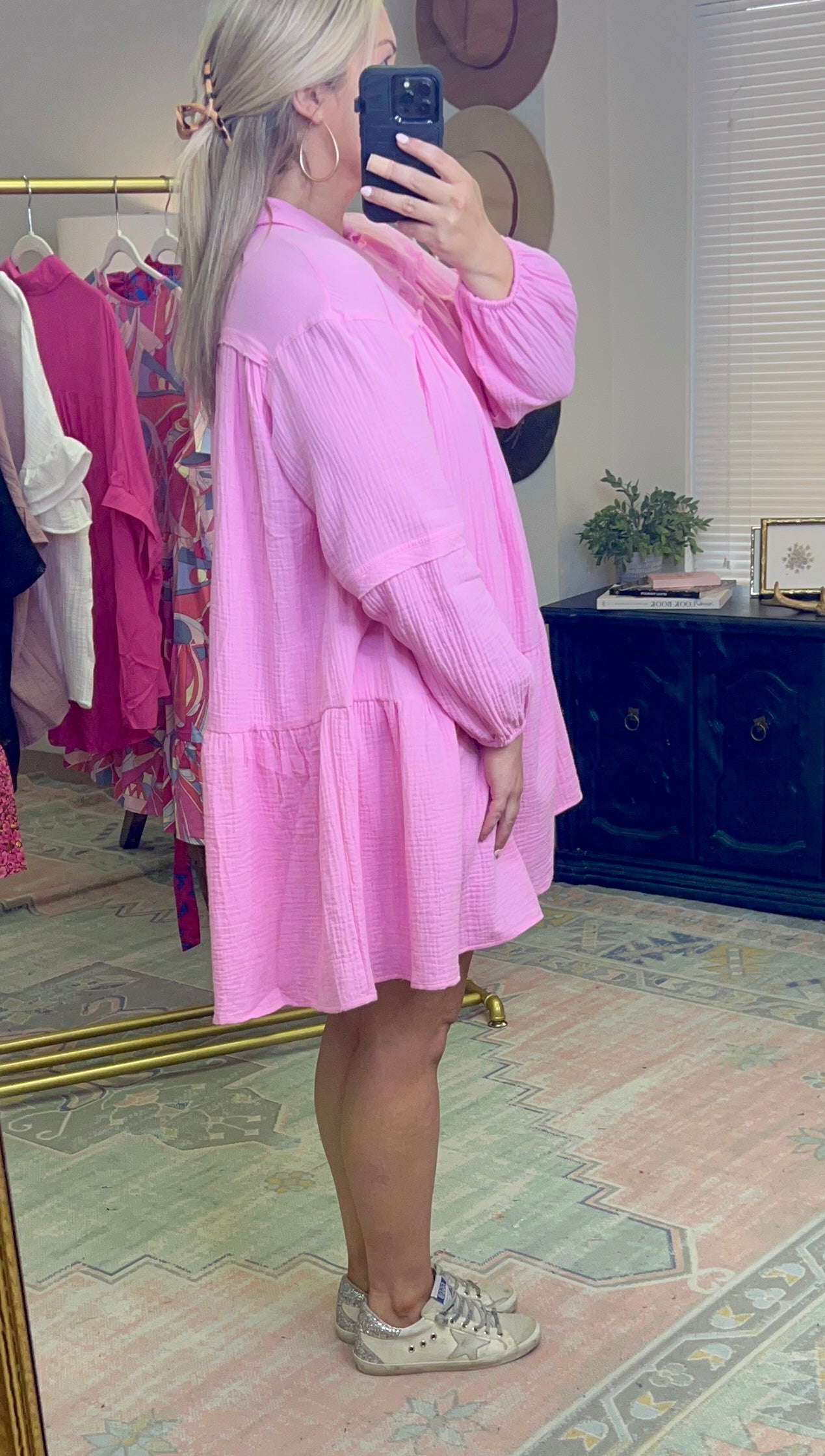 Pink Gauzy Balloon Sleeve Dress