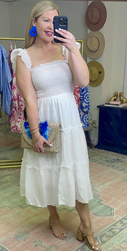 White Eyelet Ruffle Smocked Nap Dress
