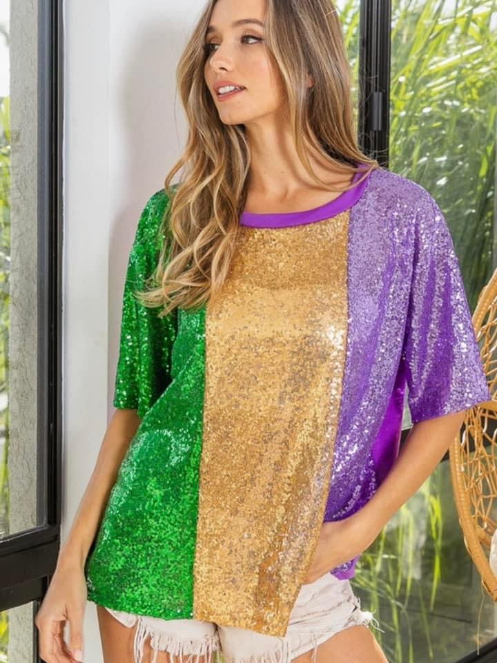 Mardi Gras Sequin Colorblock Slouchy Top
