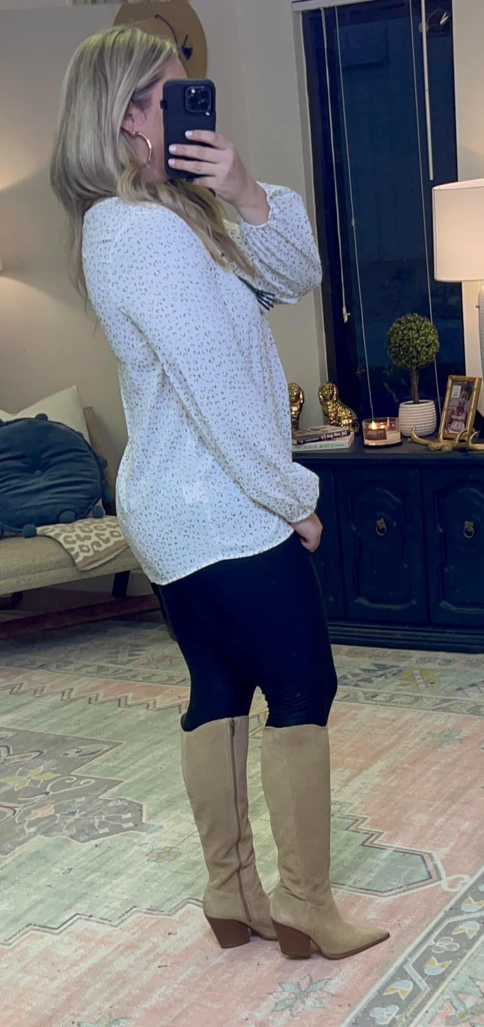 Ivory/Tan Leopard Print Balloon Sleeve Blouse