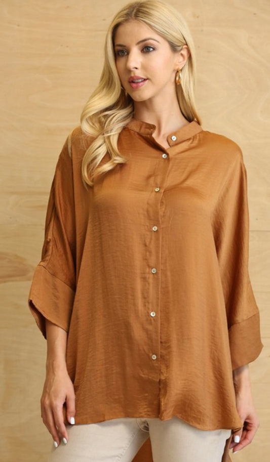 **MORE COLORS** Hi-Lo Satin Button Down Blouse