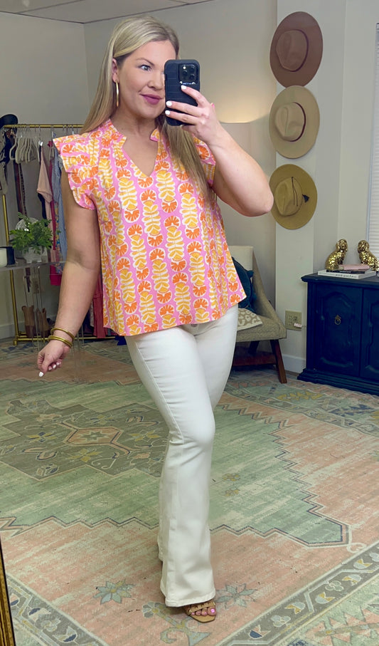 MUD PIE: Tropical Print Flutter Sleeve Top