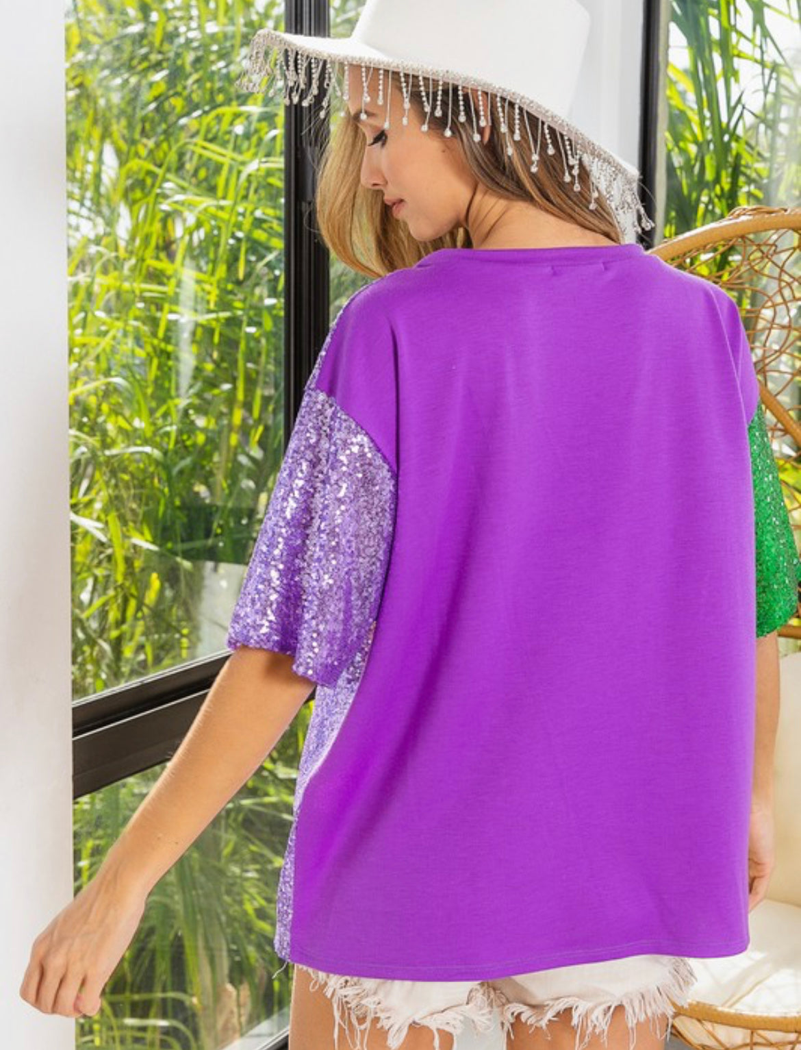 Mardi Gras Sequin Colorblock Slouchy Top