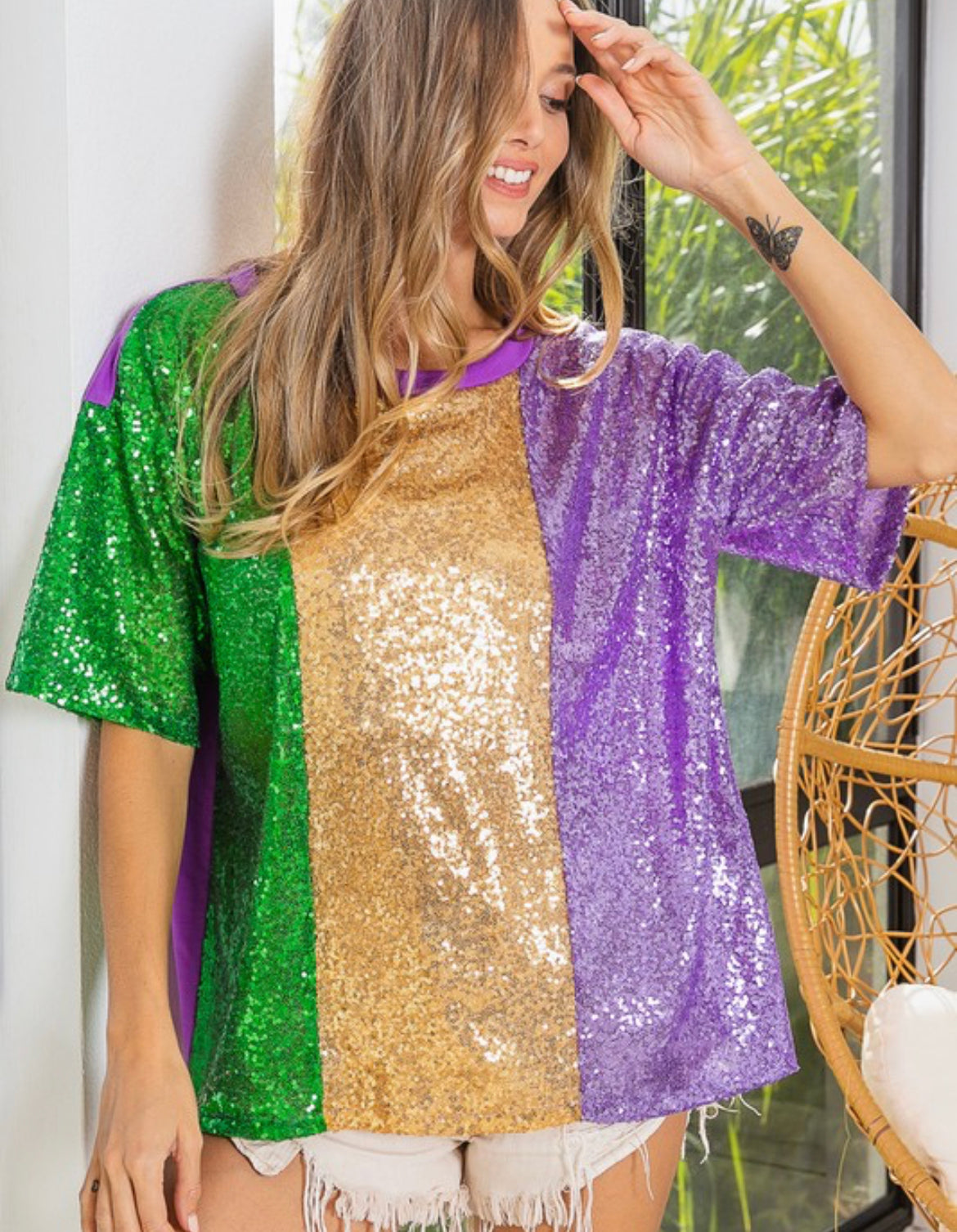Mardi Gras Sequin Colorblock Slouchy Top