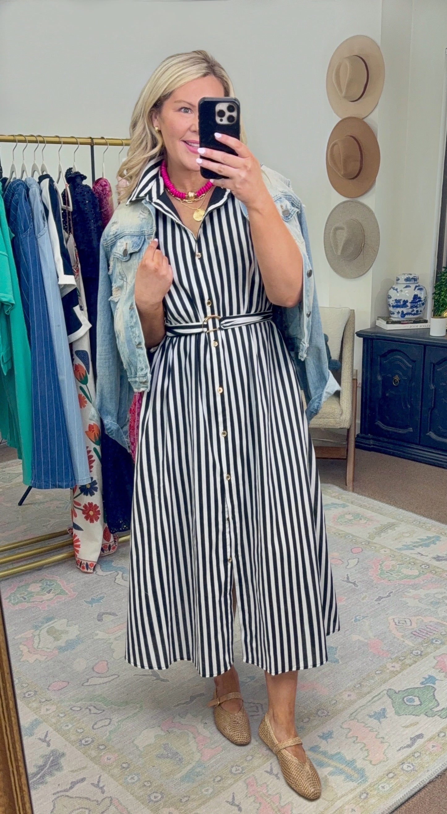 Nice Girl Belted Stripe Midi Dress