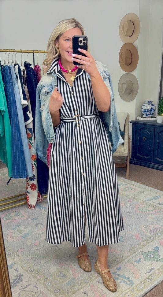 Nice Girl Belted Stripe Midi Dress