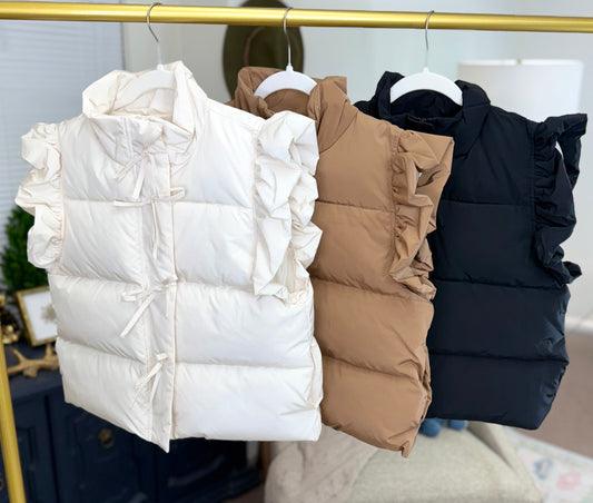 *MORE COLORS* Warm Wishes Bow Ruffle Sleeve Puffer Vest