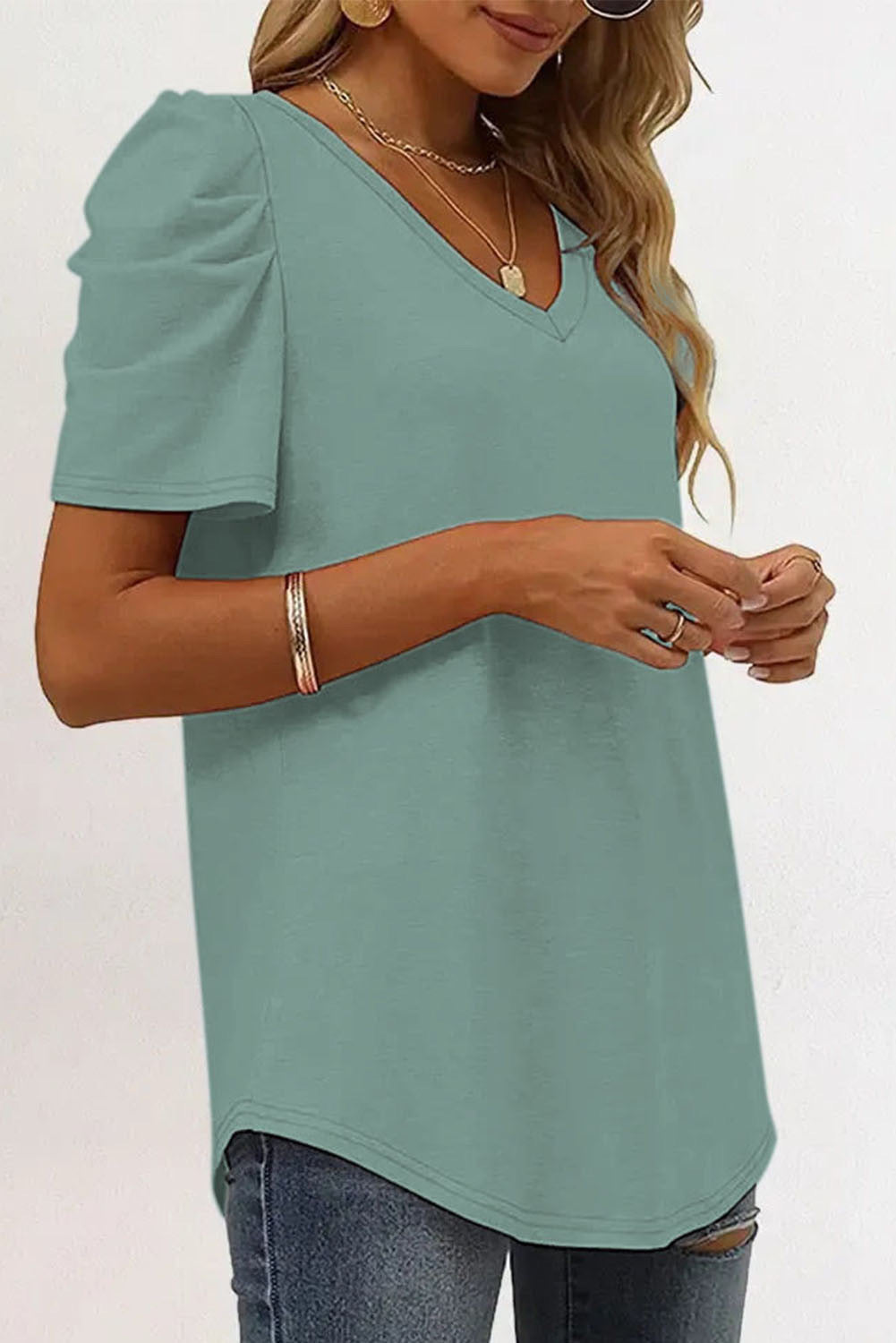 MORE COLORS Puff Sleeve V-Neck Top