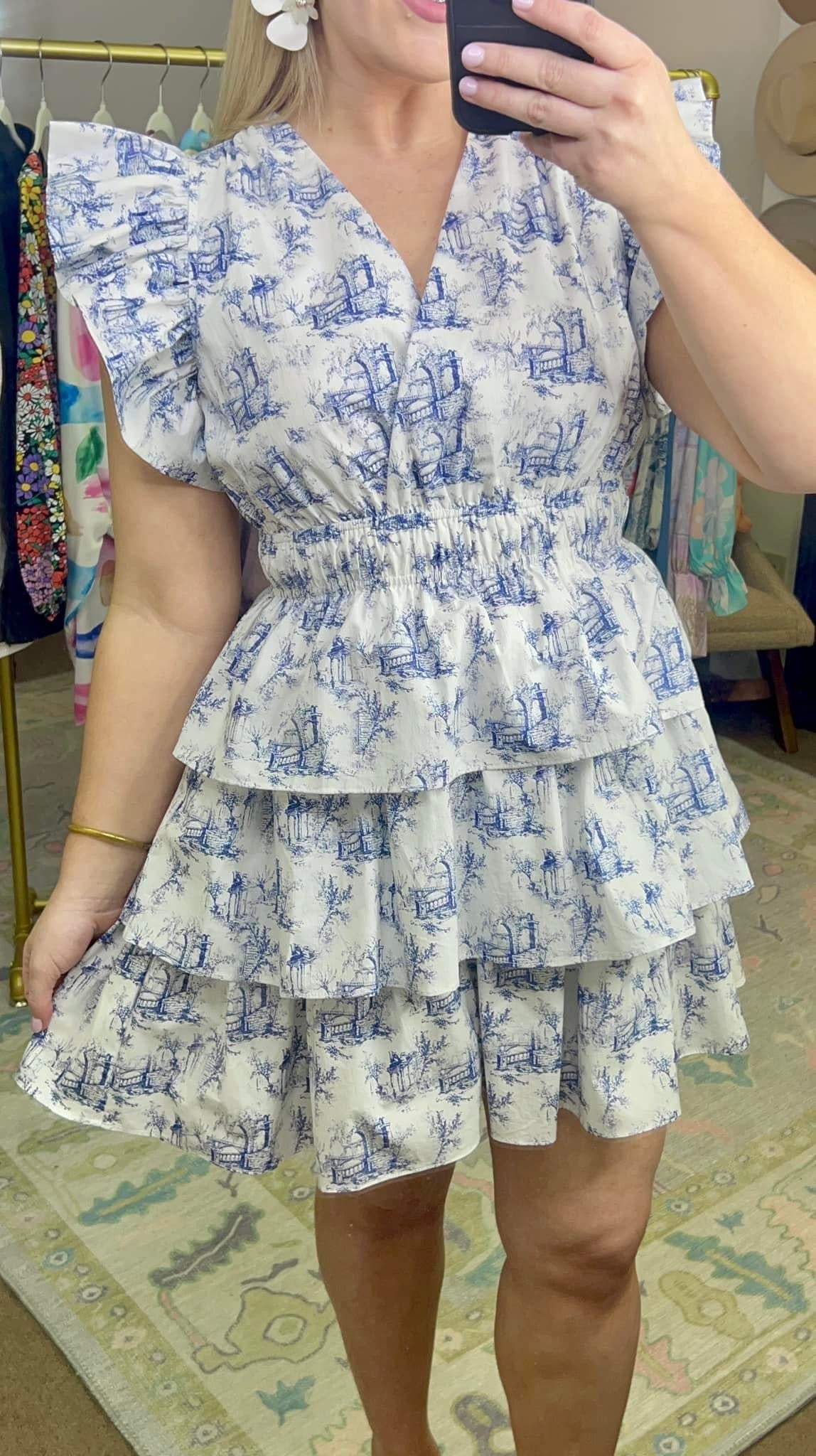 Toile Ruffle Flounce Mini Dress