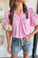 Pink Embroidered Puff Sleeve Blouse