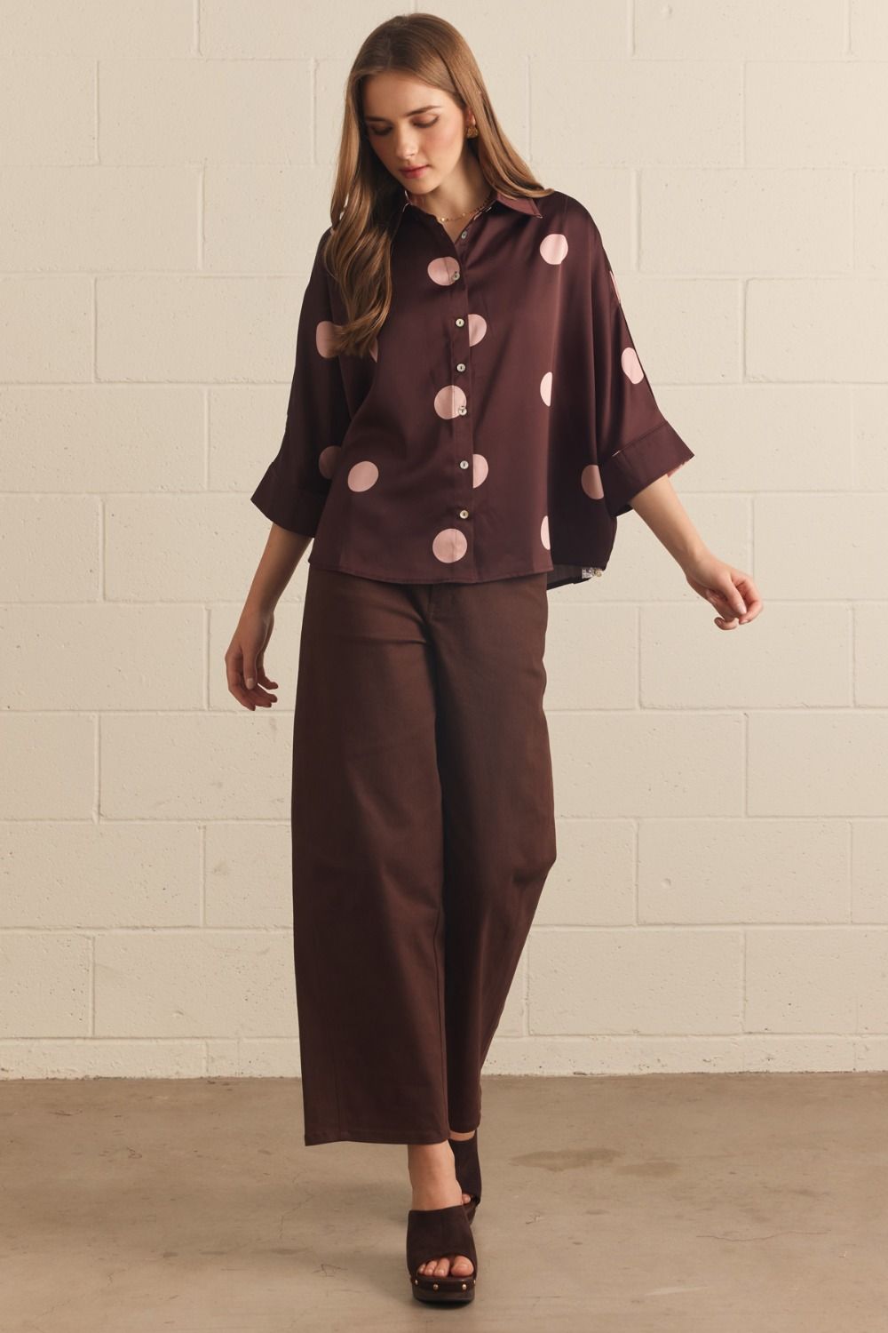 Point Taken Dot Print Button Up Blouse