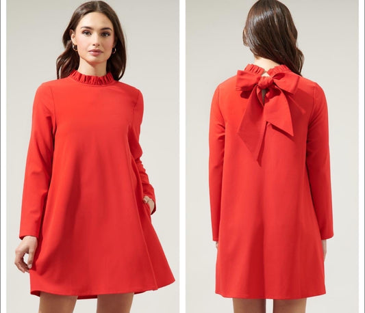 Bow Back Ruffle Neck Dress