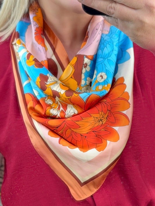 Vintage Blooms Silk Neck Scarf in Orange