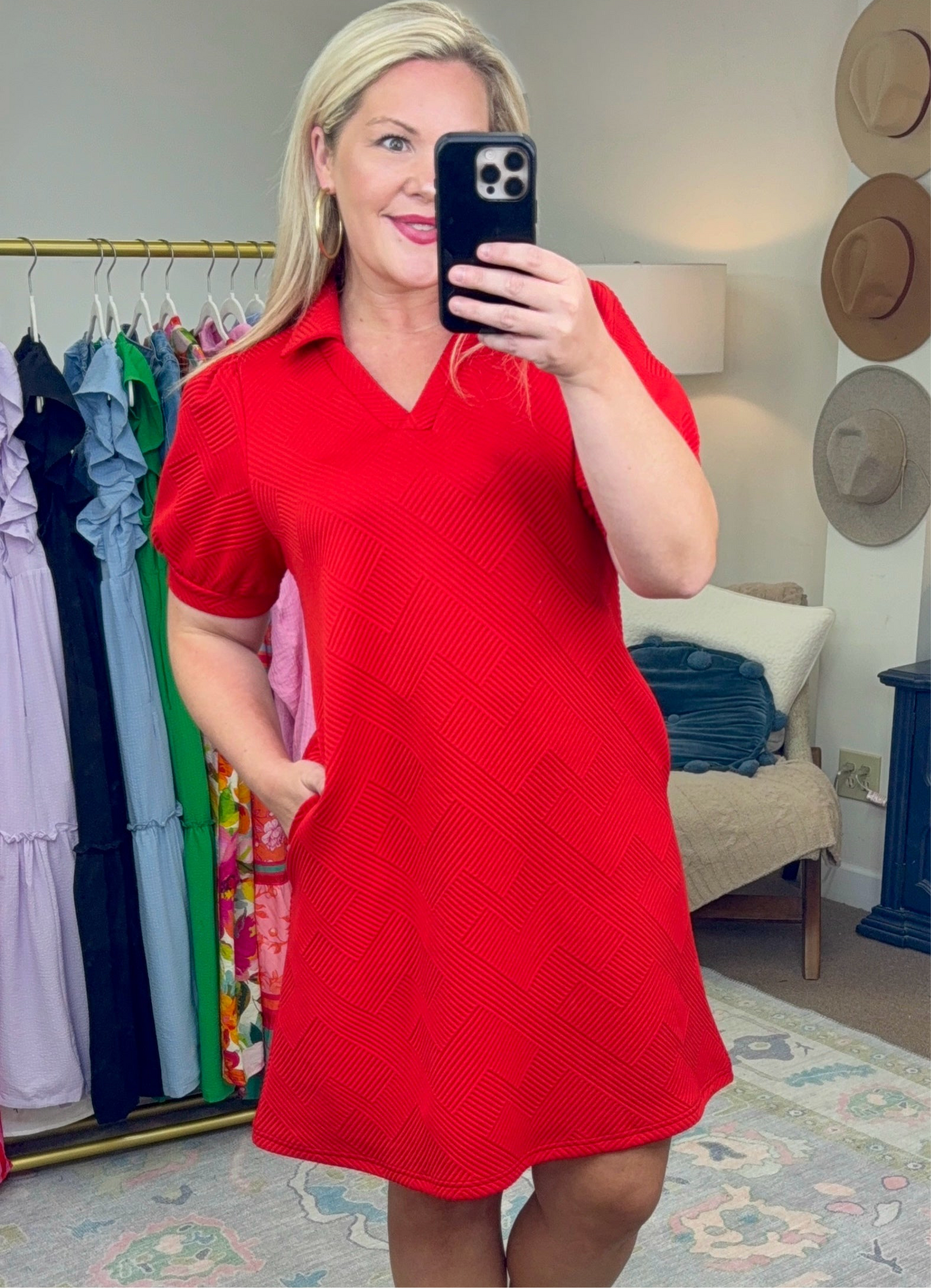 Already There Red Textured Shirt Dress