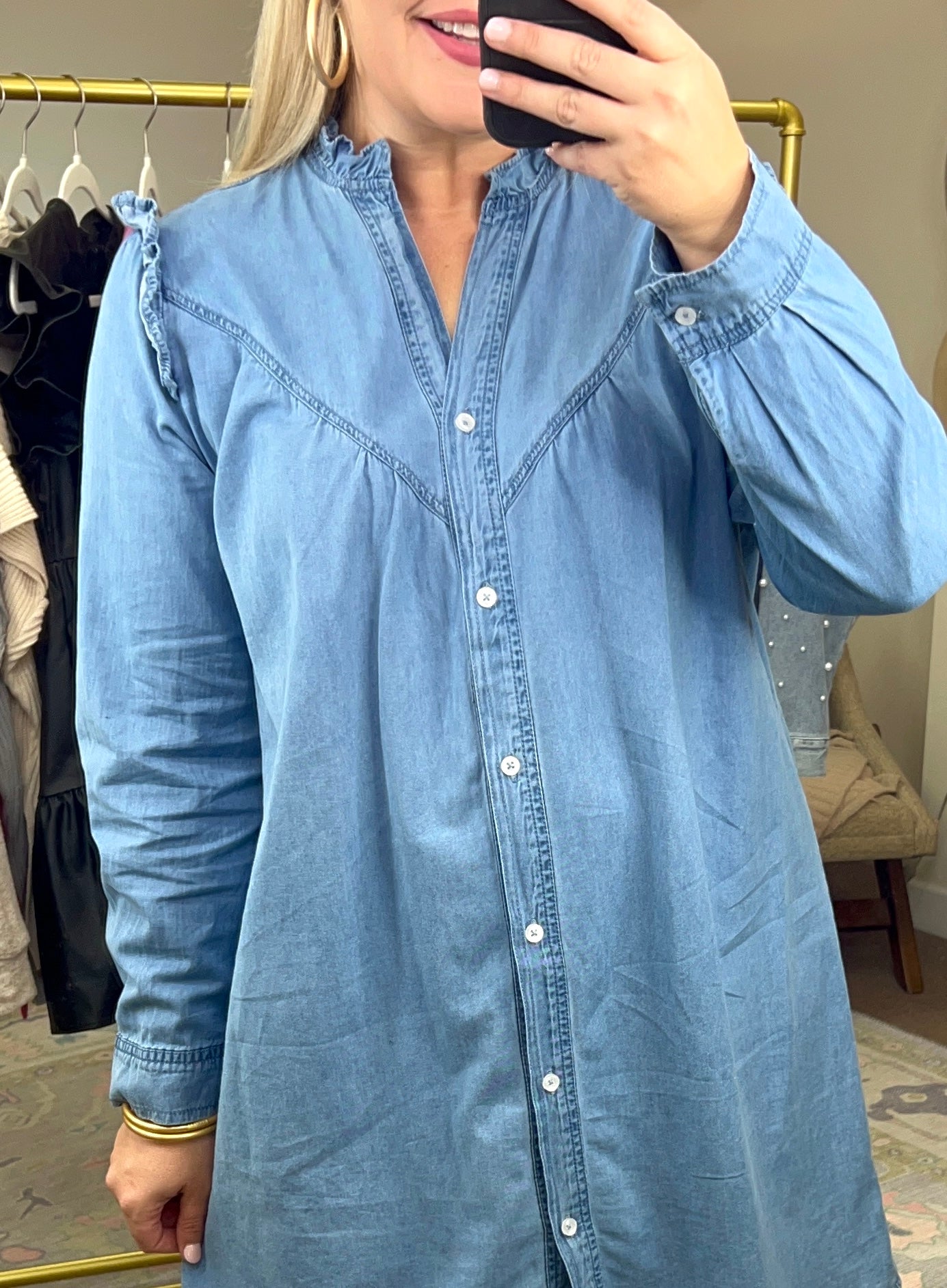 Hey Girl Chambray Ruffle Shirt Dress