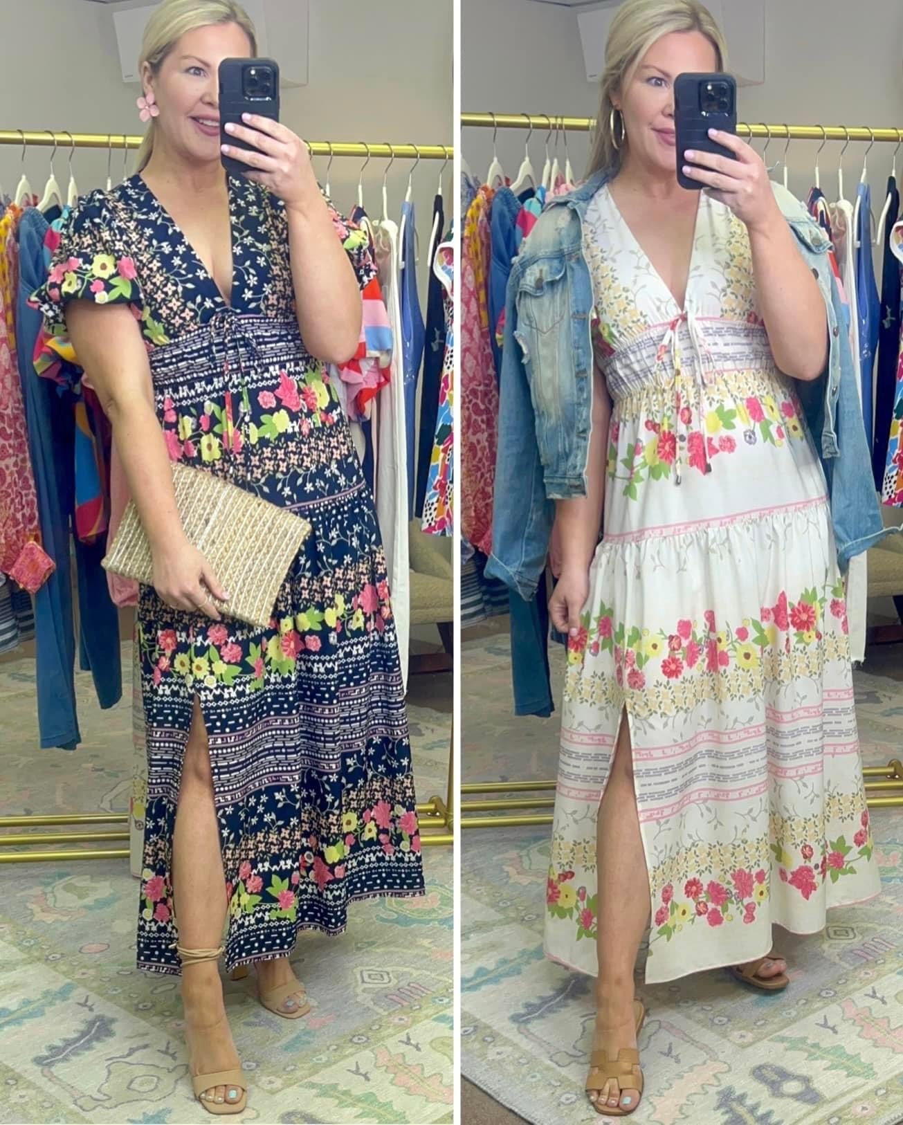 Floral V Neck Puff Sleeve Maxi Dress