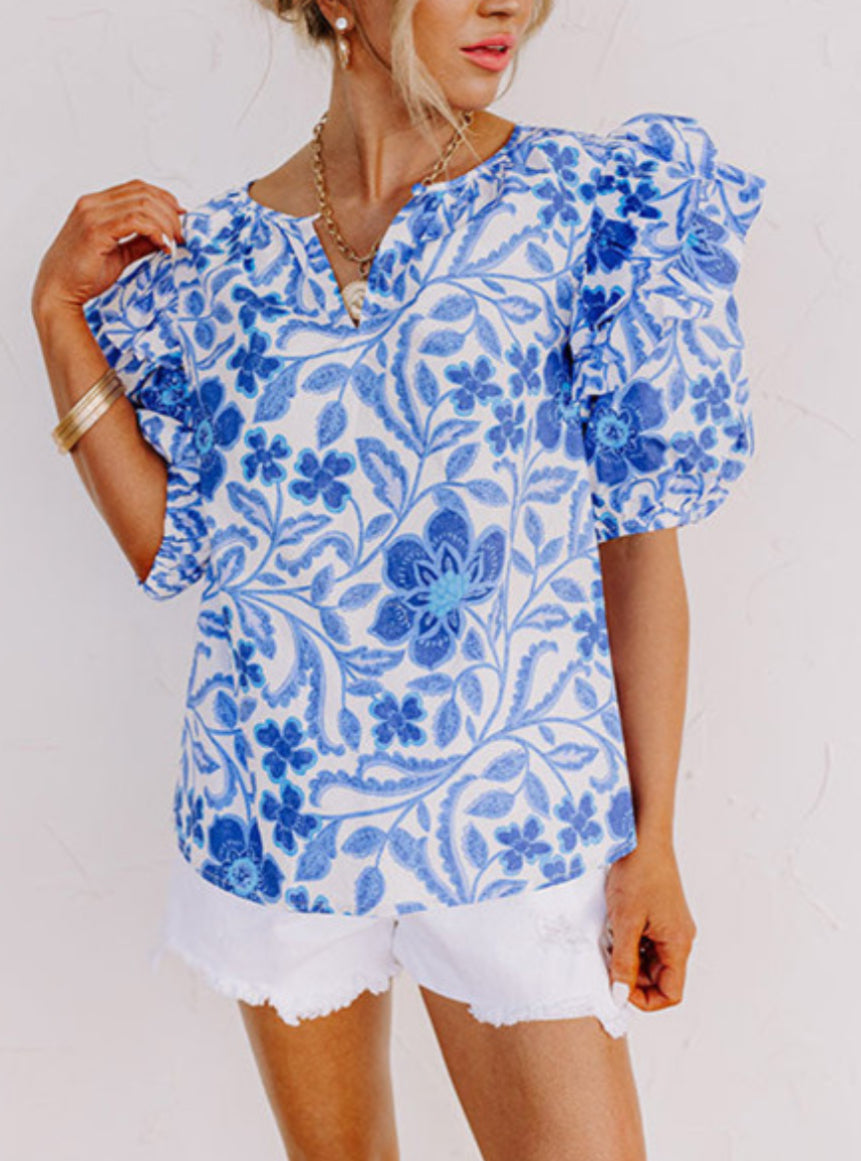 Blue Floral Poplin Puff Sleeve Blouse