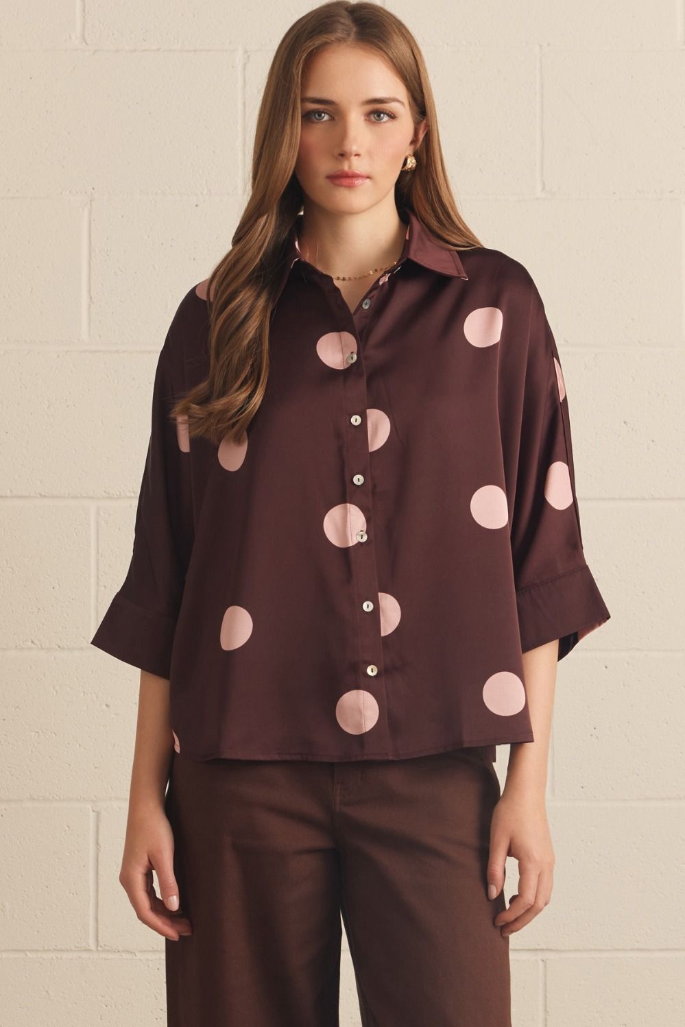 Point Taken Dot Print Button Up Blouse