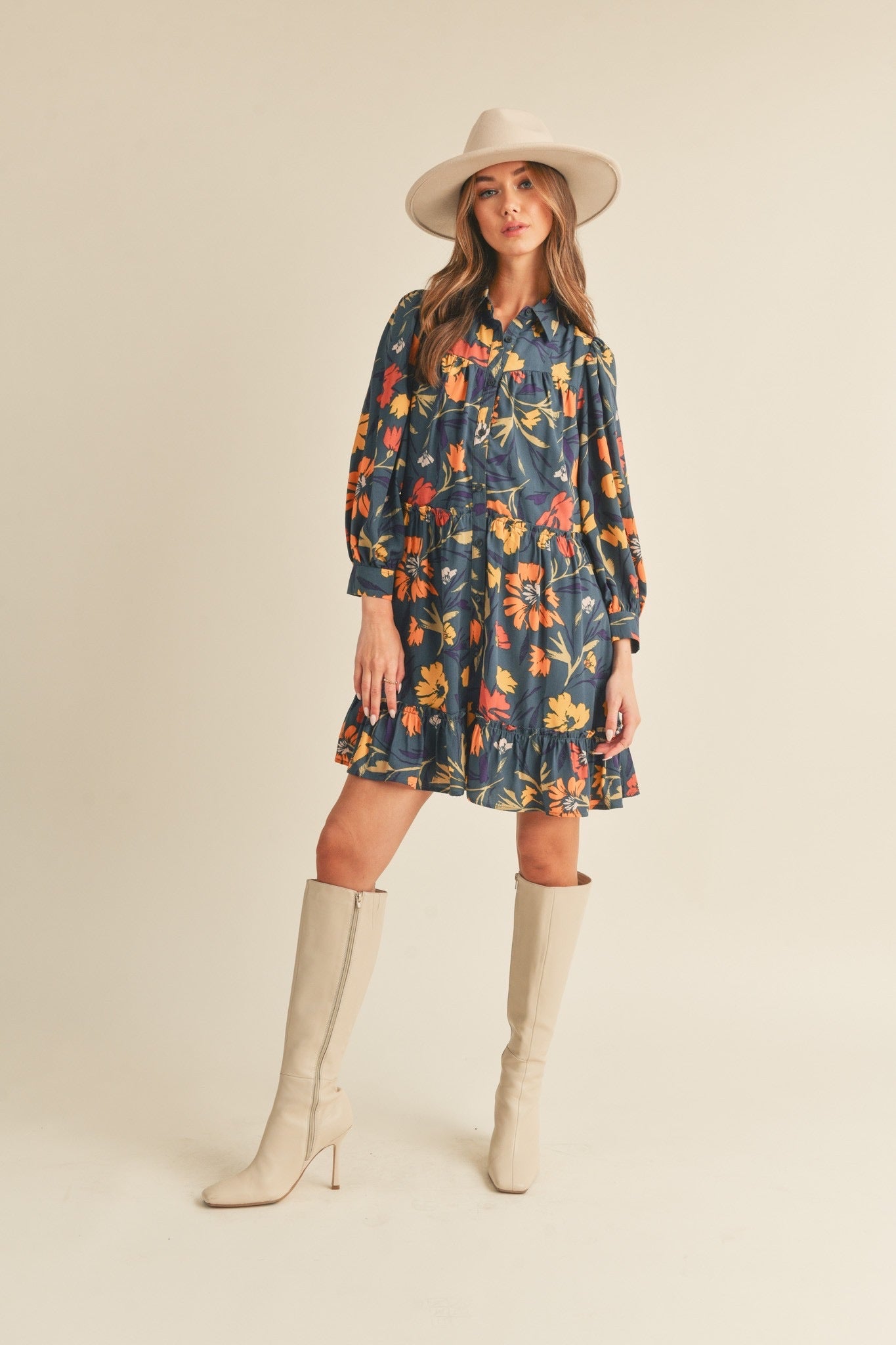 Navy Fall Floral Tiered Dress