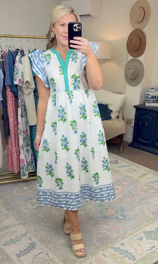 I Do Declare Printed Flutter Sleeve Midi Dress