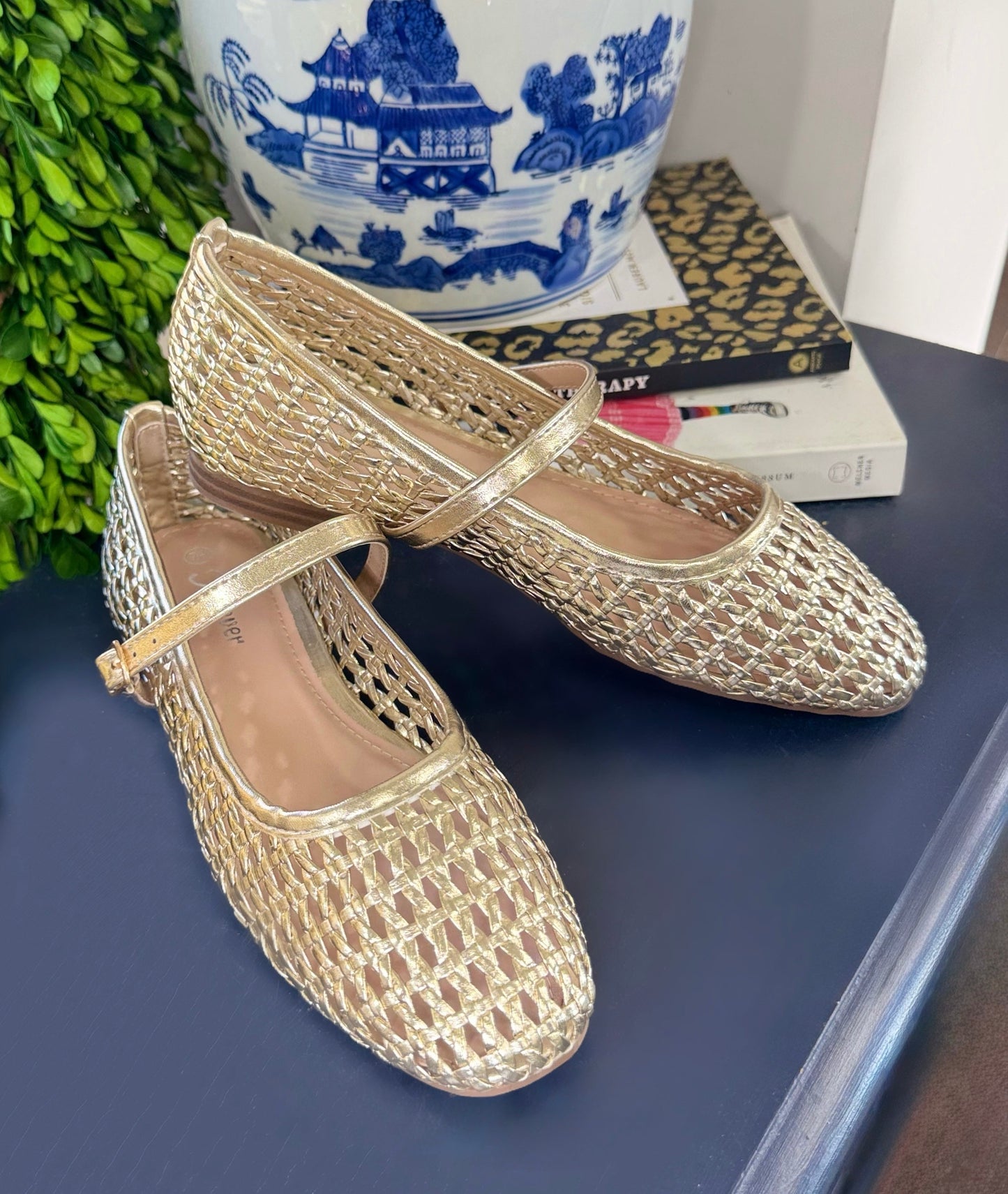 Midas Moment Gold Woven Mary Jane Flats