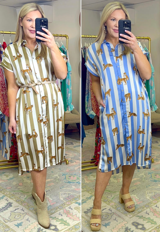 ENTRO: Stripe Tiger Midi Shirt Dress