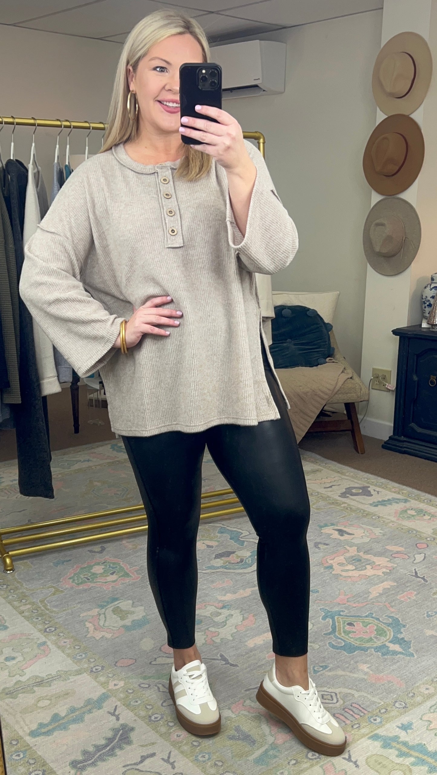 Crisp Morning Brushed Ribbed Knit Henley Top